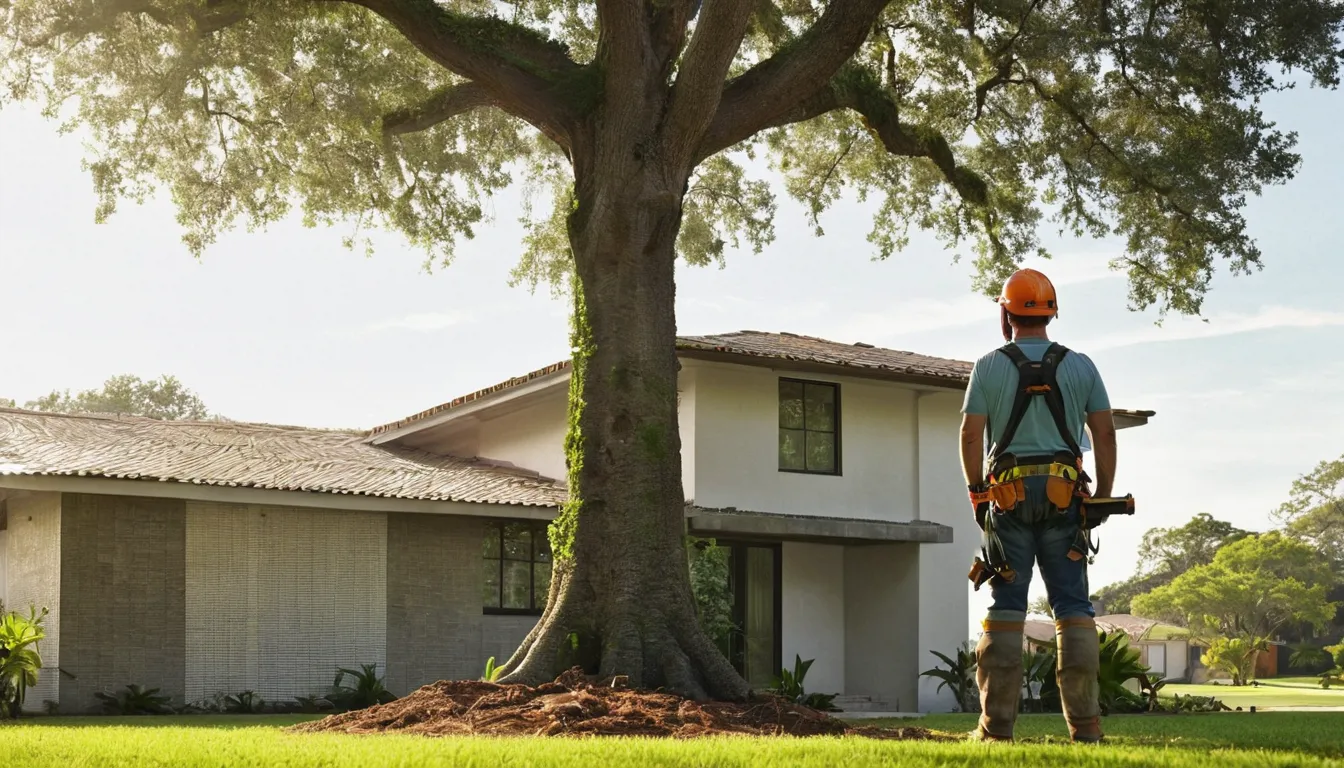 A tree provider checking a tall tree beside a home in Zephyrhills