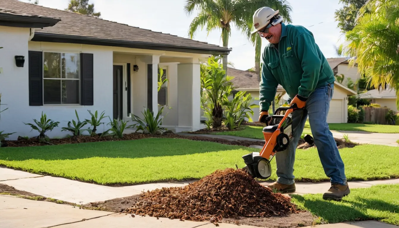 A stump grinder at work on a tree stump in a home yard in the Zephyrhills area