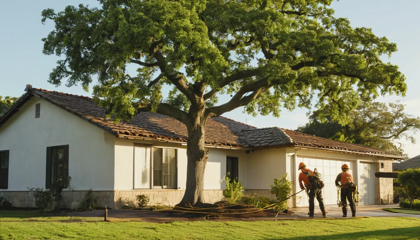 Provider's crew safely removing a large tree beside an older single-story home near Zephyrhills